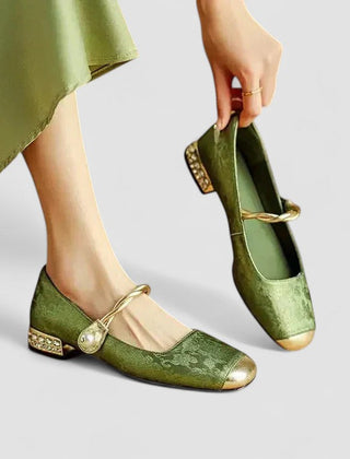 Mestelle | Women's Vegan Leather Mary Jane Shoes, Metallic Toe Block Heel Shoes