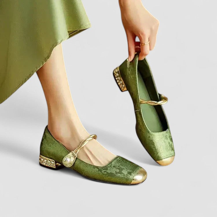 Mestelle | Women's Vegan Leather Mary Jane Shoes, Metallic Toe Block Heel Shoes