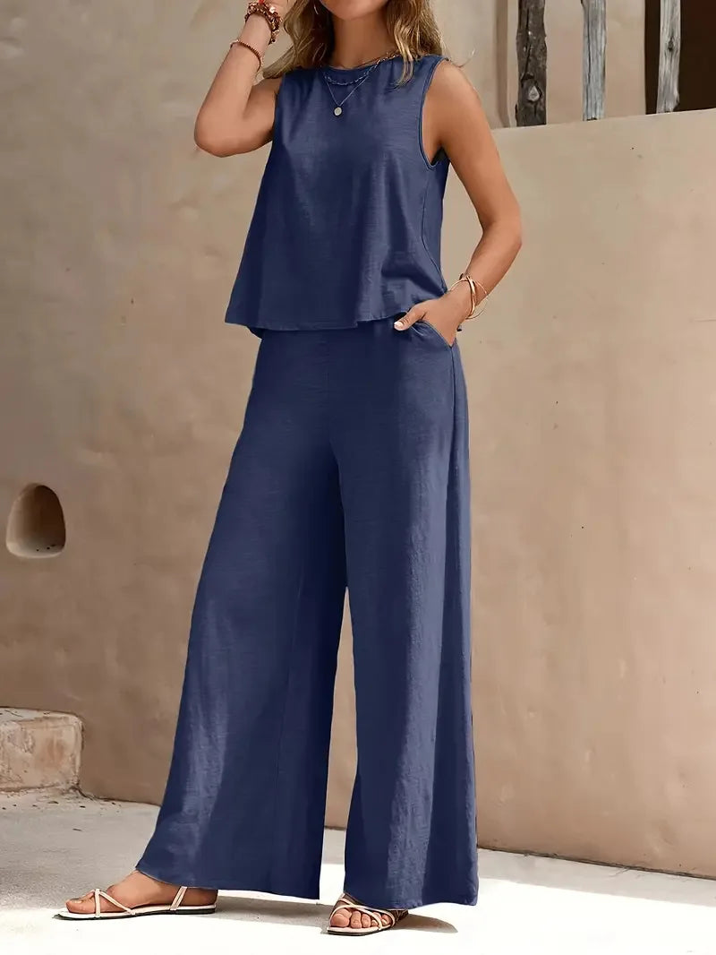 Conjunto Danielle sem Mangas de Duas Peças | Top sem Mangas e Calça Pantalona
