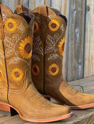 Women's Embroidered Vegan Leather Cowboy Boots, Sunflower Western Boots