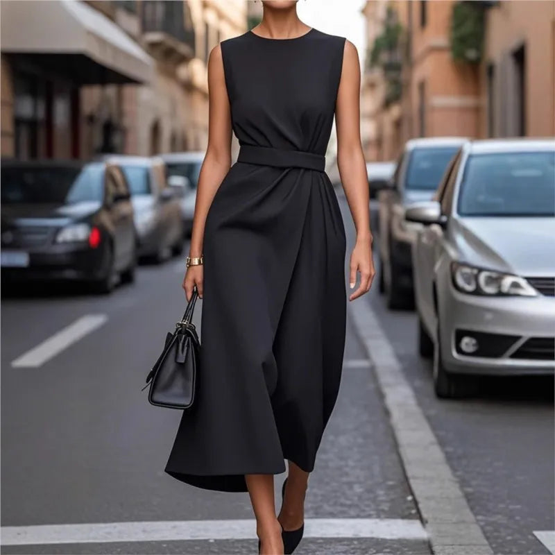 Clarimond | Women's Round Neck Sleeveless Dress, Pleated Knee-Length Dress with Slit