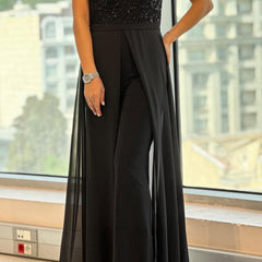 Fontella | Women's Sequin Bodice Jumpsuit, Chiffon Overlay Evening Jumpsuit for Galas