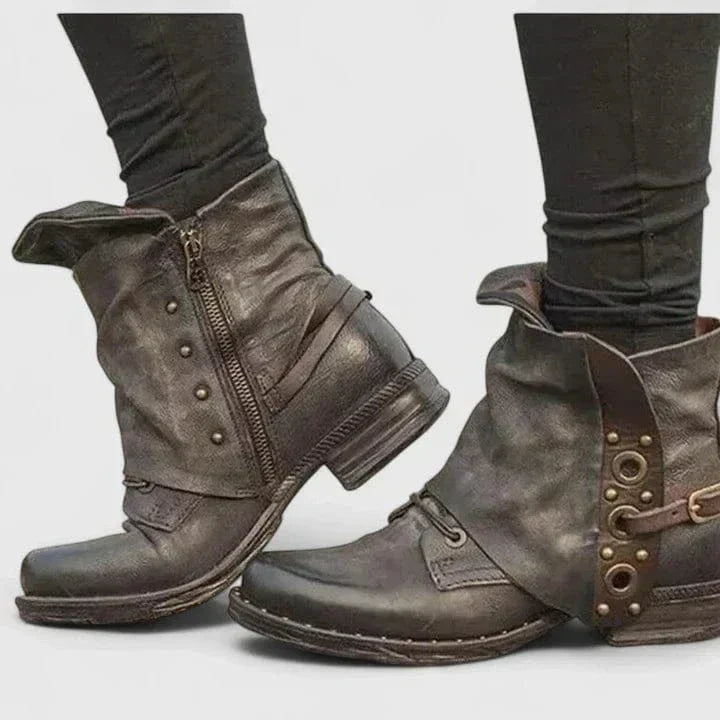 Savannah | Women's Distressed Vegan Leather Ankle Boots, Rivet Strap Western Boots
