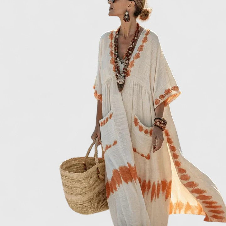 Luna | Women's Bohemian Dress, V-Neck Relaxed Fit Dress with Flared Hem