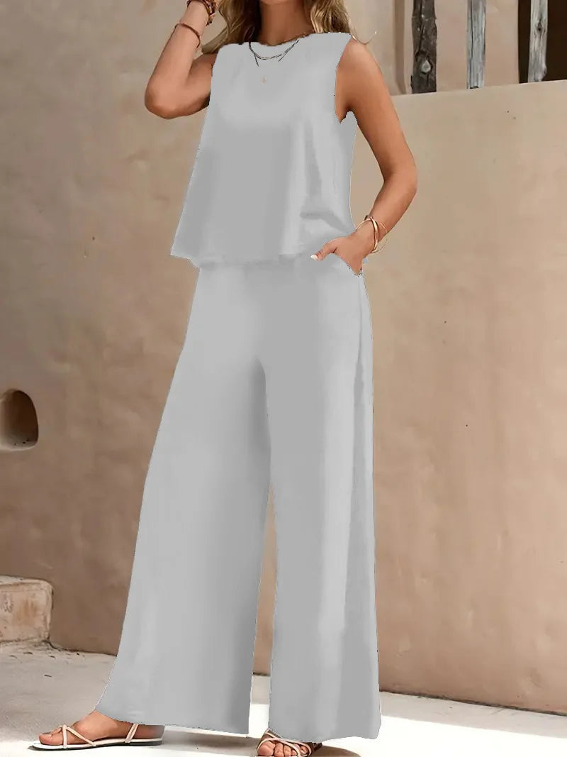 Conjunto Danielle sem Mangas de Duas Peças | Top sem Mangas e Calça Pantalona