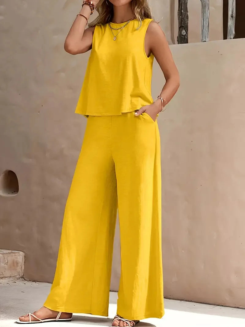 Conjunto Danielle sem Mangas de Duas Peças | Top sem Mangas e Calça Pantalona
