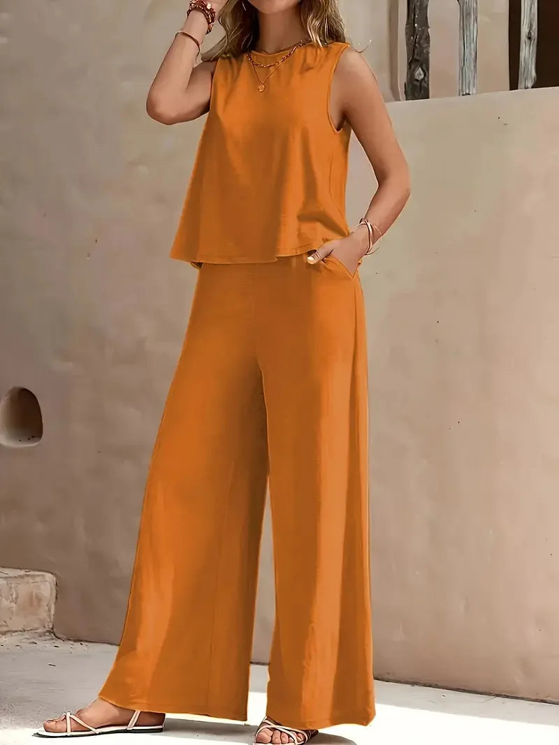 Conjunto Danielle sem Mangas de Duas Peças | Top sem Mangas e Calça Pantalona