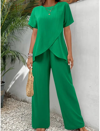 Lorrina | Women's Soft Two-Piece Set, Asymmetrical Blouse and Relaxed Trousers Outfit