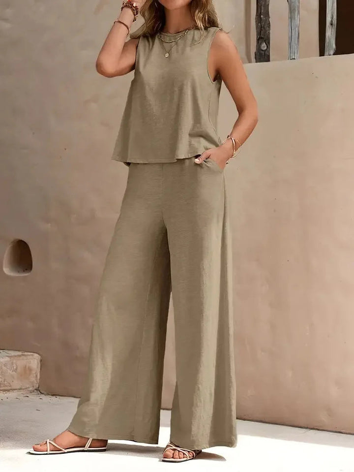 Conjunto Danielle sem Mangas de Duas Peças | Top sem Mangas e Calça Pantalona