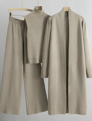 Jillie | Women's Three-Piece Set, Ribbed Top Cardigan and Wide-Leg Pants Outfit