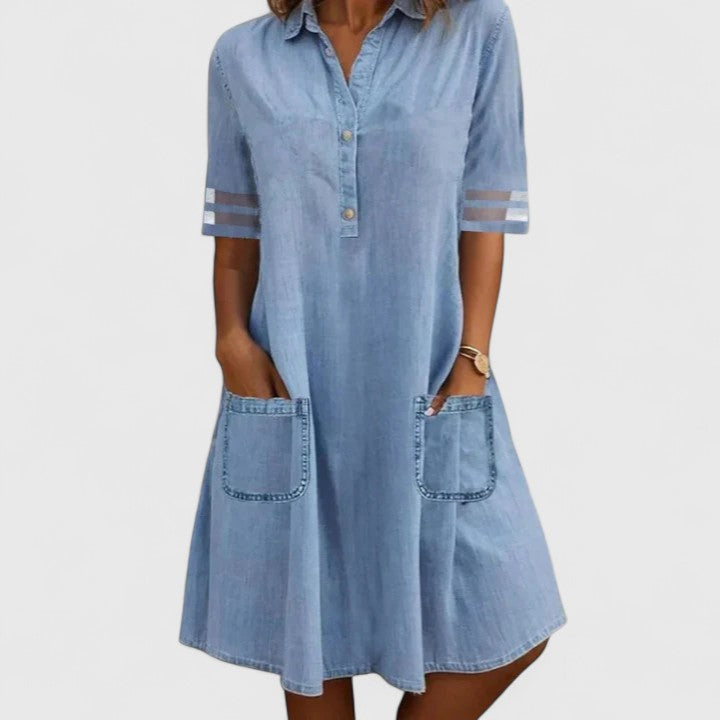 Brittany | Women's Figure-Flattering Denim Dress, Button-Front Day Dress with Patch Pockets