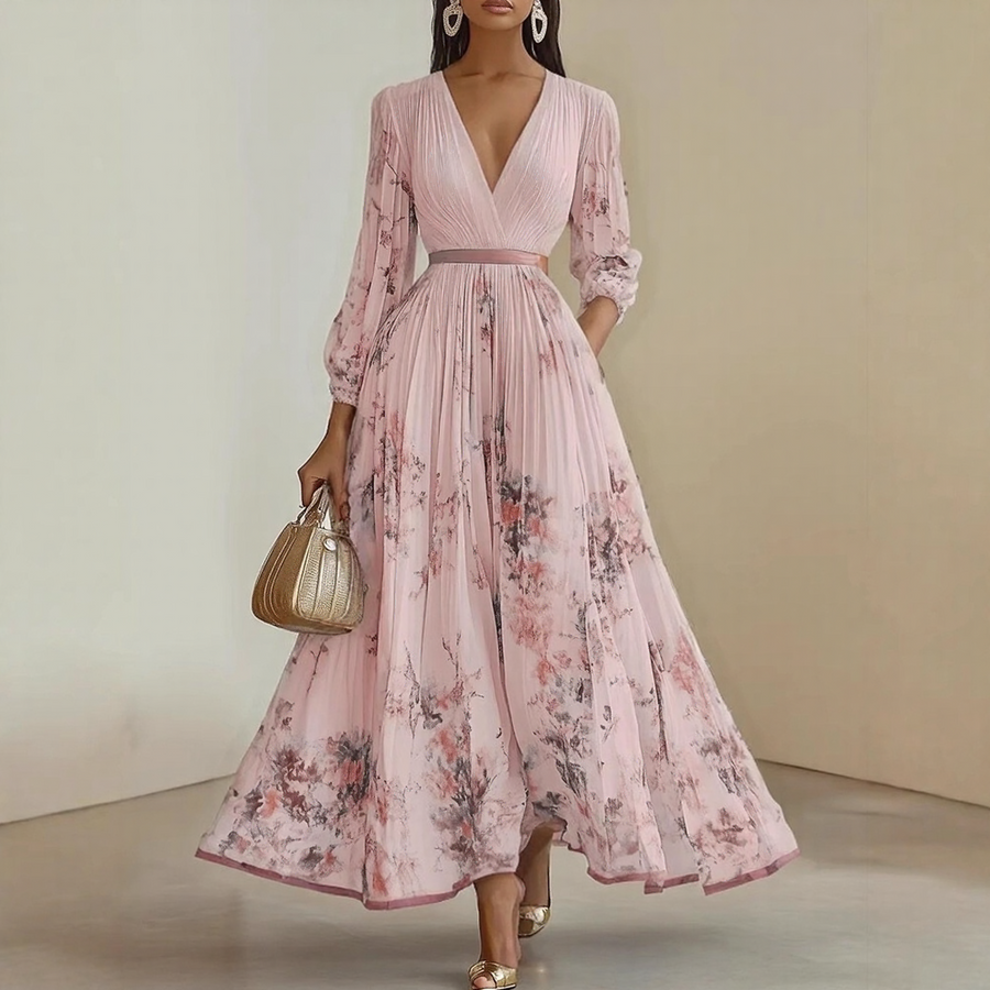 Rowella | Women's Pleated Floral Maxi Dress, Long Sleeve V-Neck Dress with Tie Waist
