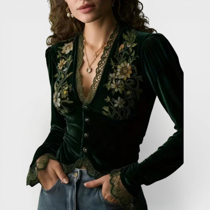 Nora | Blusa de Veludo com Mangas Longas e Flores Bordadas