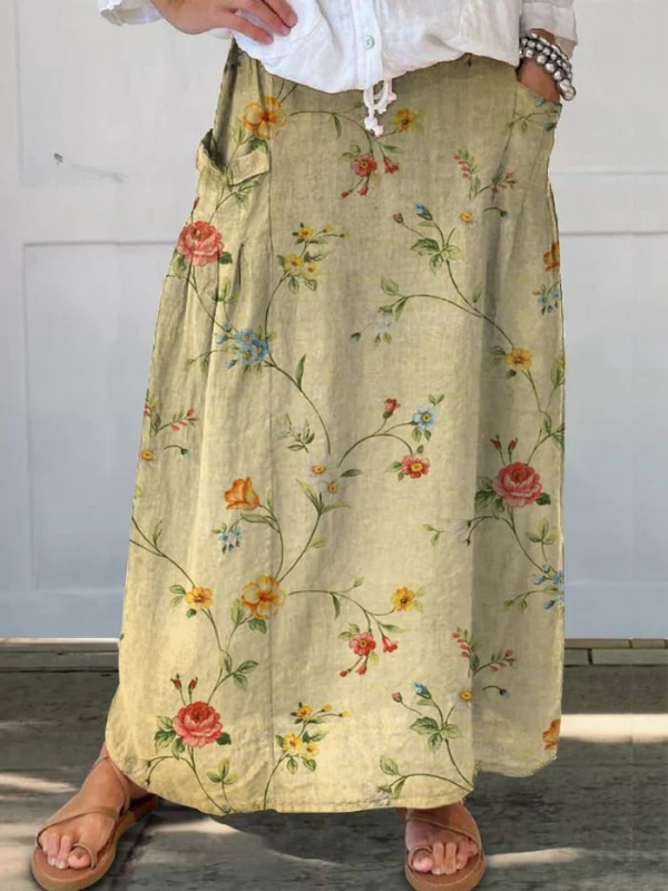 Mella™ | Falda Retro Elegante con Estampado Floral y Cintura Elástica con Bolsillos