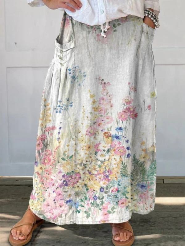 Mella™ | Falda Retro Elegante con Estampado Floral y Cintura Elástica con Bolsillos