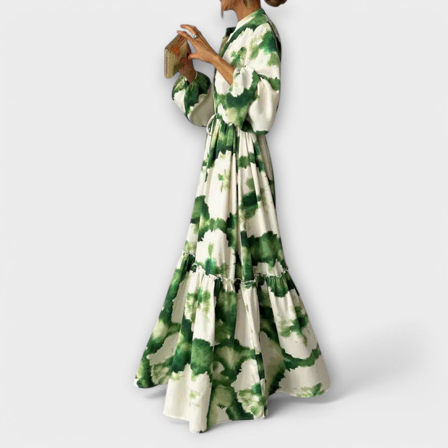 Melina | Women's Long Sleeve V-Neck Maxi Dress, Green Boho Print Dress