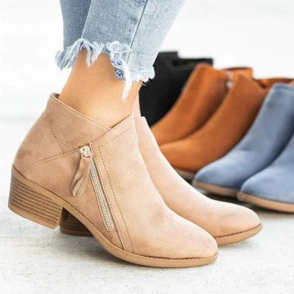 Botas de tornozelo femininas – design com zíper lateral e salto baixo