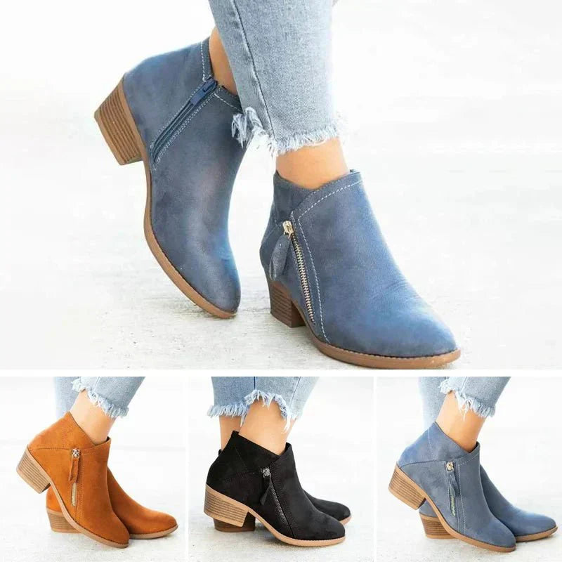 Botas de tornozelo femininas – design com zíper lateral e salto baixo