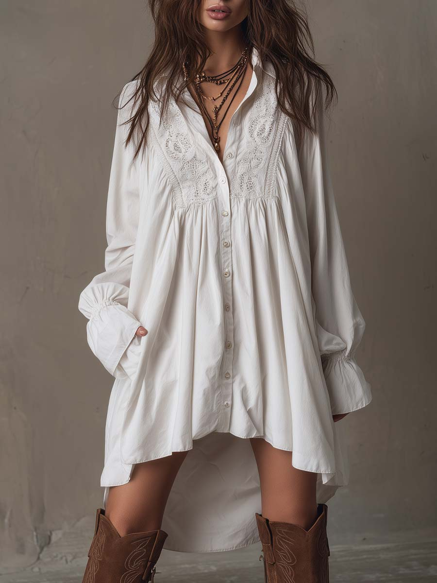 Vestido Mini de Manga Longa com Barra Irregular e Renda Branca