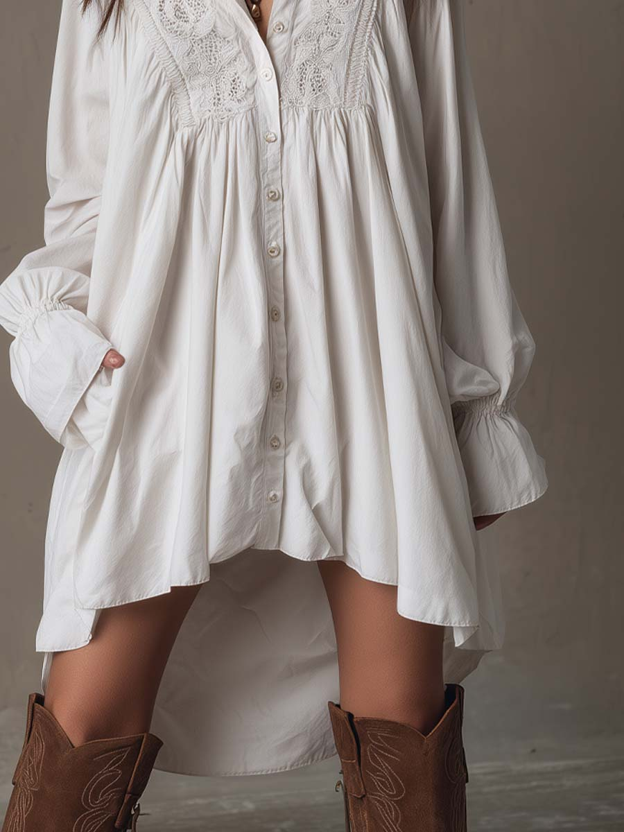 Vestido Mini de Manga Longa com Barra Irregular e Renda Branca