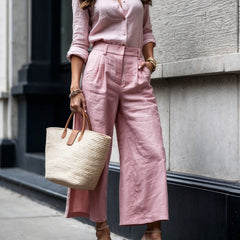 Nelle | Women's Two-Piece Shirt and Capri Set, Relaxed Wide-Leg Cropped Trousers