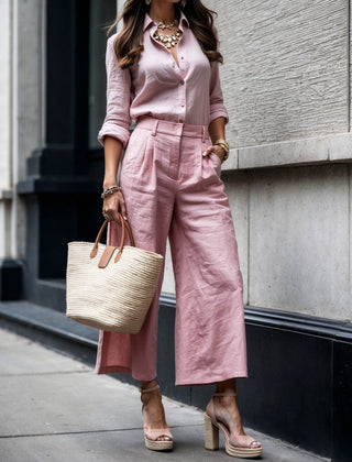 Nelle | Women's Two-Piece Shirt and Capri Set, Relaxed Wide-Leg Cropped Trousers