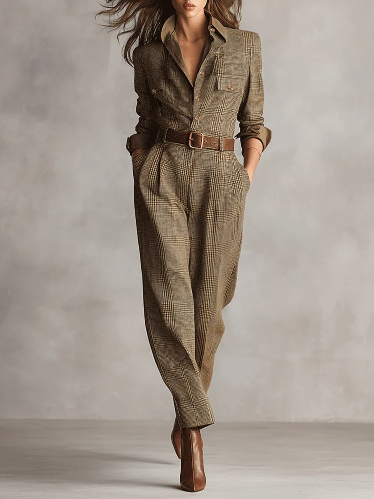 Macacão utilitário xadrez de tweed marrom Rowena Brown | Macacão utilitário xadrez de tweed marrom atemporal