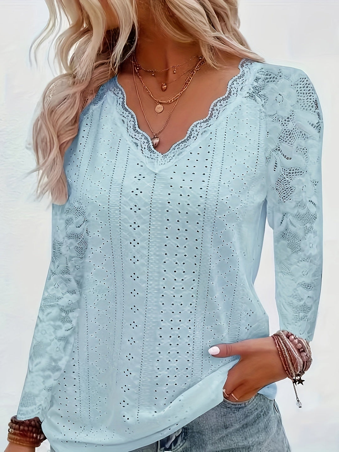 Nicole | Lace-Detail V-Neck Long Sleeve Top