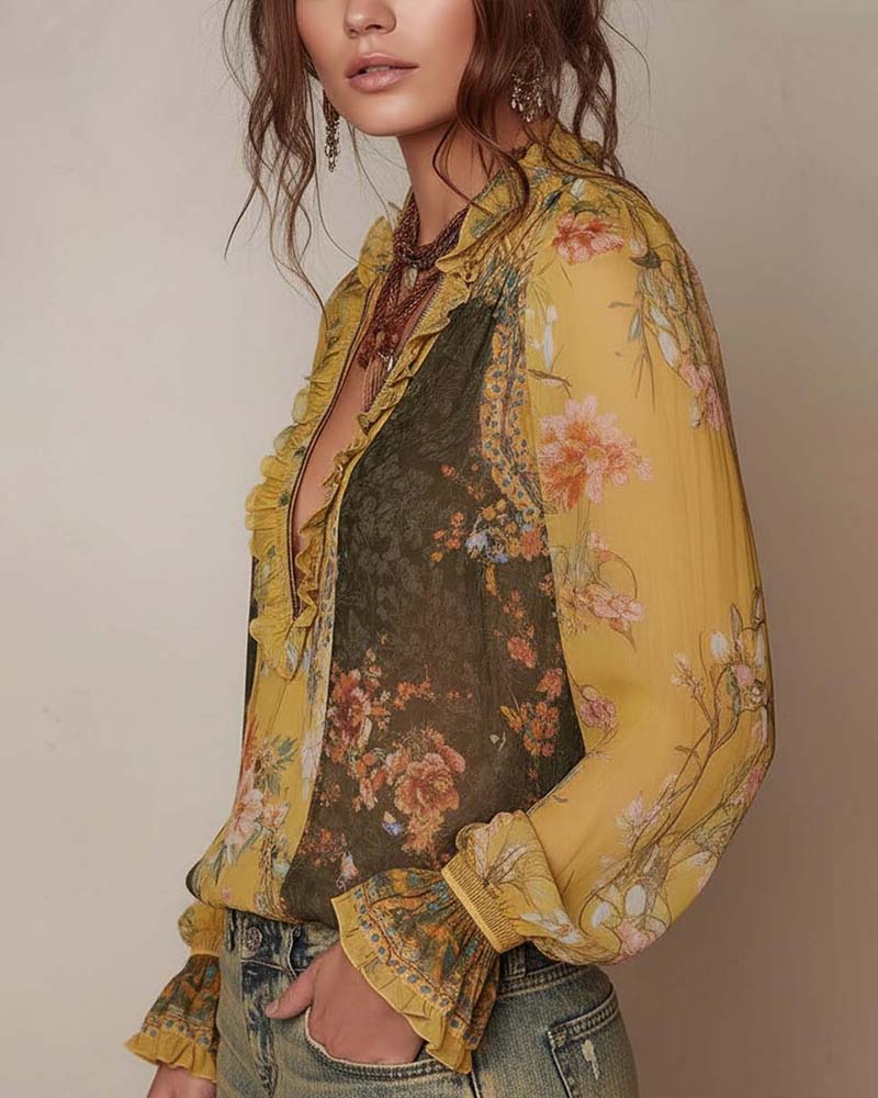 Blusa com Estampa Floral e Meio Zíper