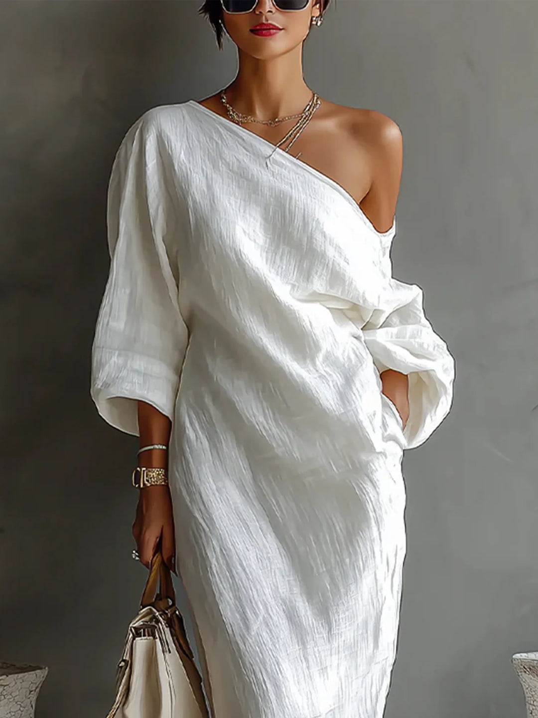 LINEN BALLOON SLEEVE MAXI DRESS