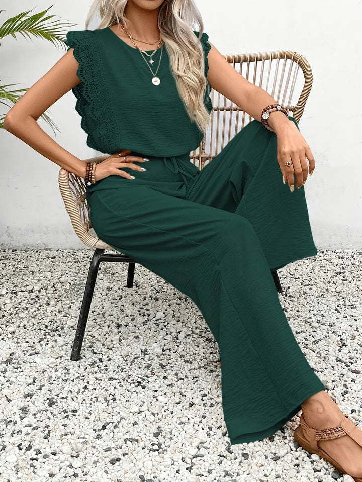 Conjunto Elegante Zella de Duas Peças | Blusa com Renda e Calça Pantalona