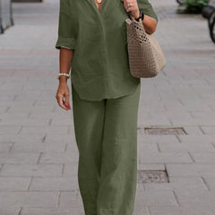 Denice | Women's Casual Two-Piece Set, Button-Up Top and Wide-Leg Trousers Outfit