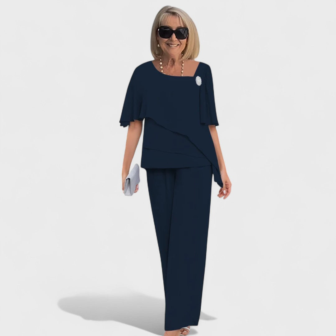 Conjunto Elegante Wynonna de Duas Peças | Blusa em Camadas e Calça Pantalona