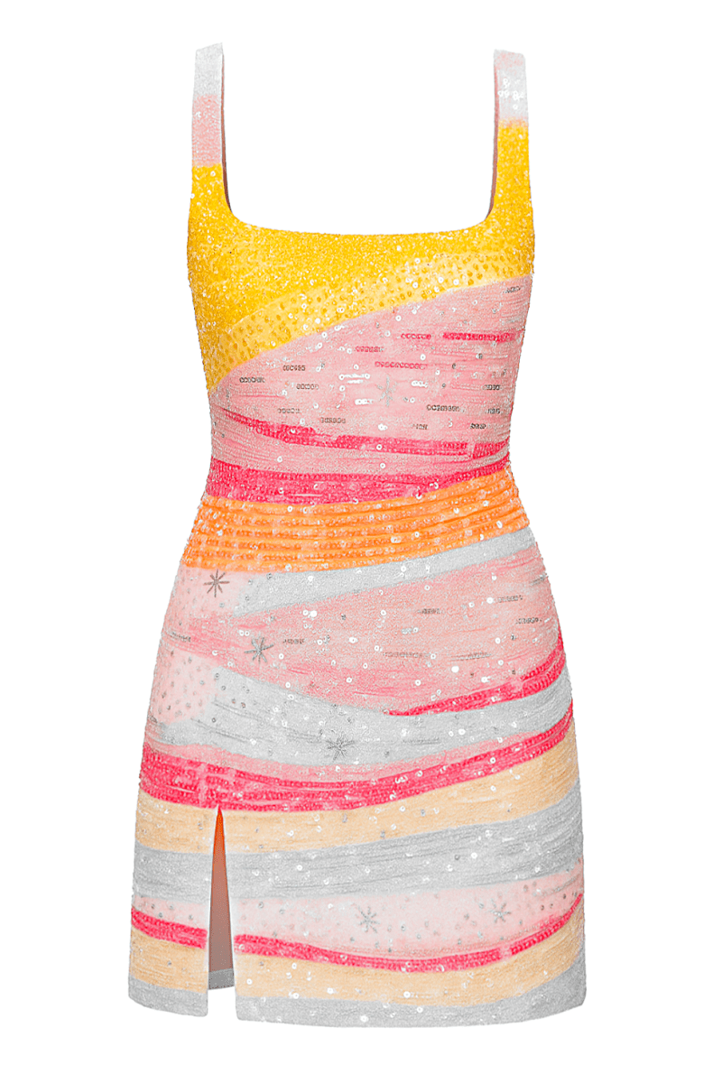 Sabrina | Vestido Curto com Decote Quadrado e Cores Vibrantes