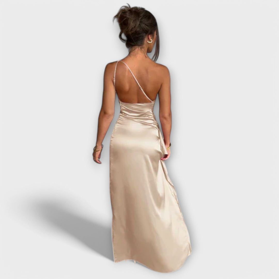 Vestido Longo Assimétrico com Drapeado em Um Braço