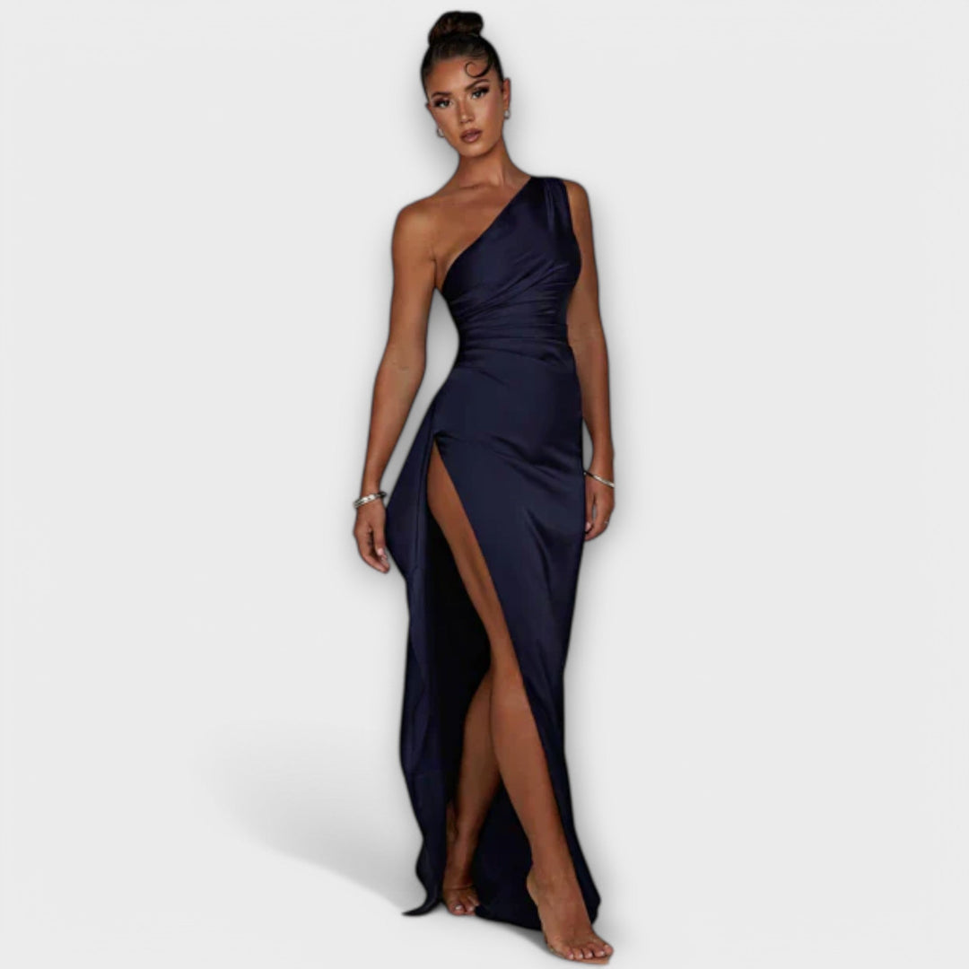 Vestido Longo Assimétrico com Drapeado em Um Braço