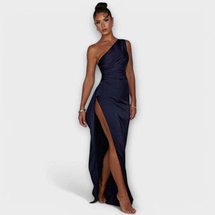 Vestido Longo Assimétrico com Drapeado em Um Braço