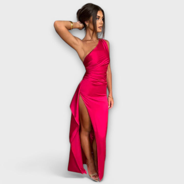 Vestido Longo Assimétrico com Drapeado em Um Braço