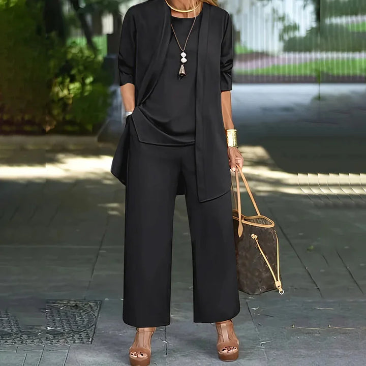 Conjunto Casual Elegante Laney de Três Peças | Blusa Coordenada, Cardigã e Calças de Perna Larga