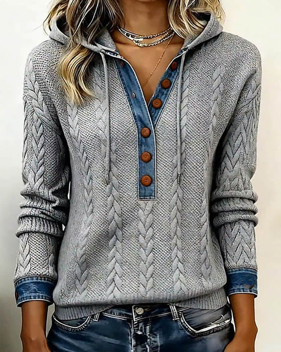 Norissea | Button-Front Knit Hoodie Pullover