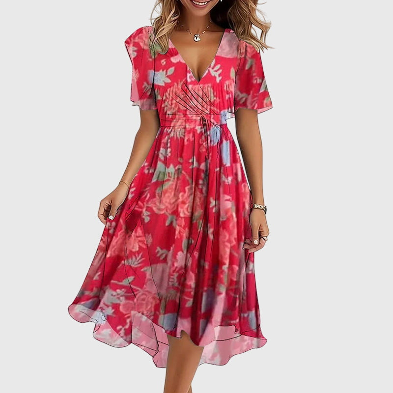 Catalina | Wrap V Neck Flutter Sleeve Dress