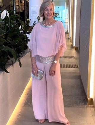 Nessa | Women's Sequin Trim Two-Piece Set, Relaxed Top and Wide-Leg Trousers for Evening