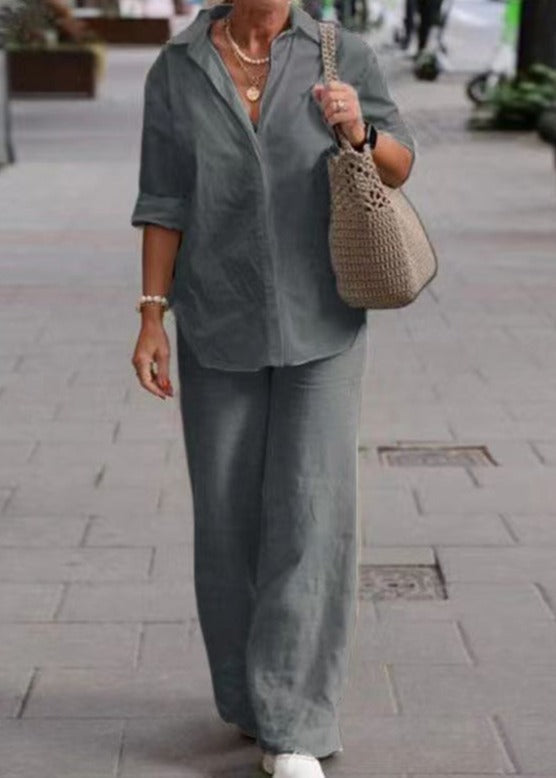 Conjunto Casual Elegante Denice de Duas Peças | Blusa Relaxada com Botões e Calça Pantalona