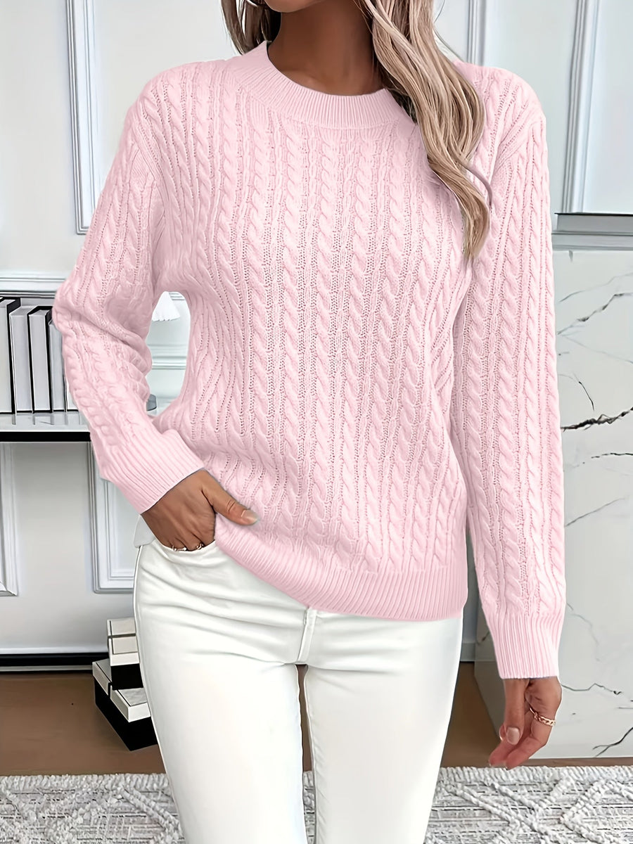 Evelyn | Women's Pink Cable Knit Sweater, Relaxed Fit Soft Warm Pullover