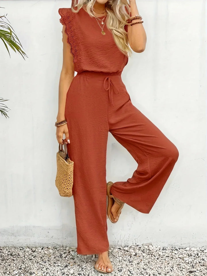 Conjunto Elegante Zella de Duas Peças | Blusa com Renda e Calça Pantalona