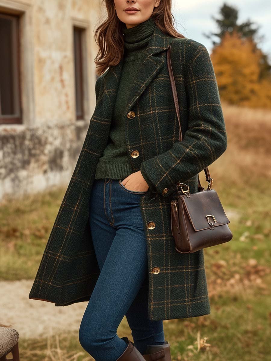 Nora | Long Green Plaid Coat