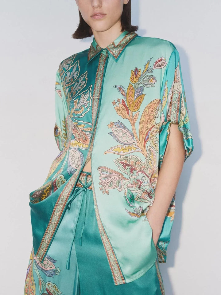 Conjunto Elegante Eliza de Duas Peças | Camisa Estampada Paisley e Calça Pantalona