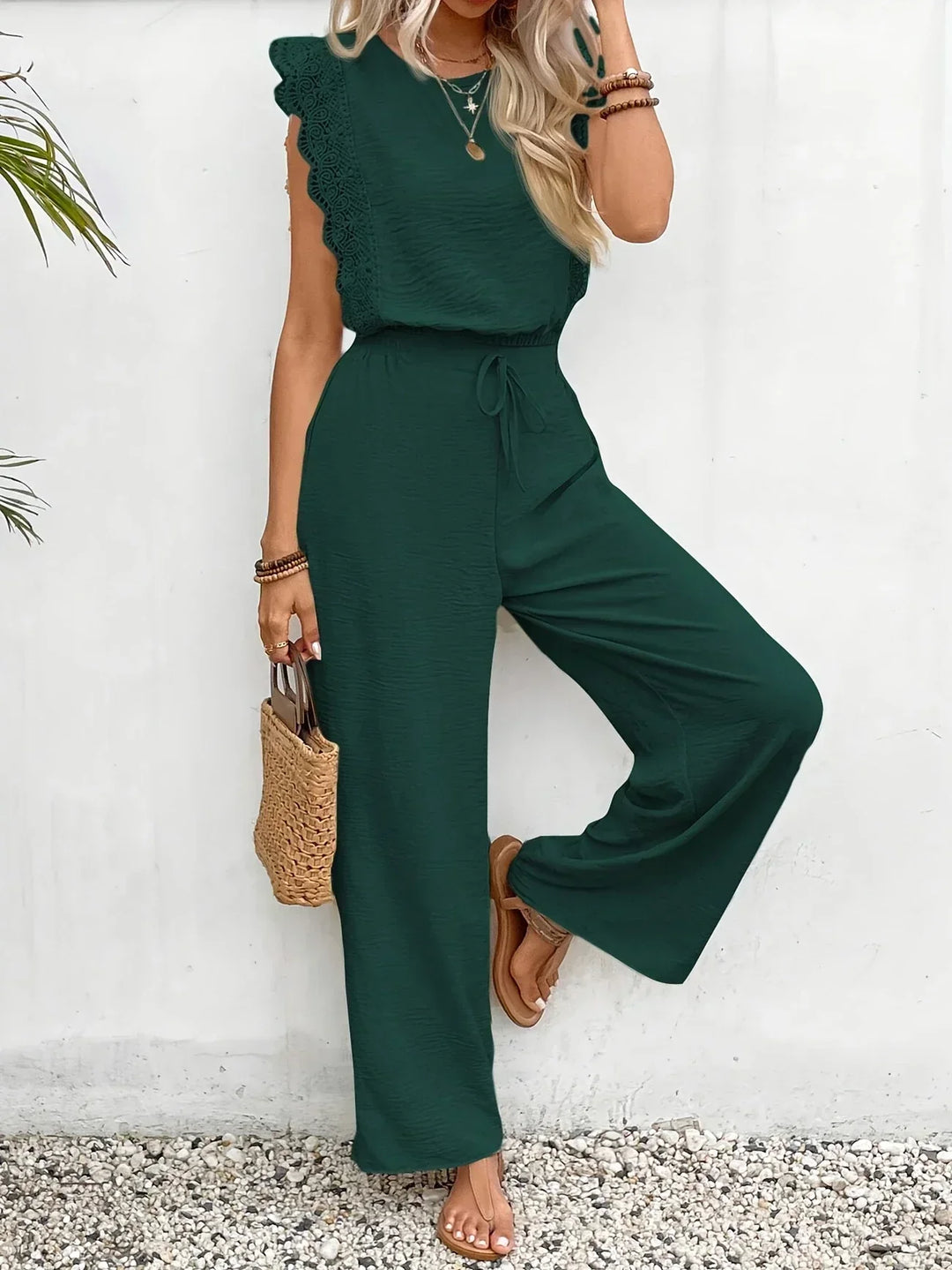Conjunto Elegante Zella de Duas Peças | Blusa com Renda e Calça Pantalona