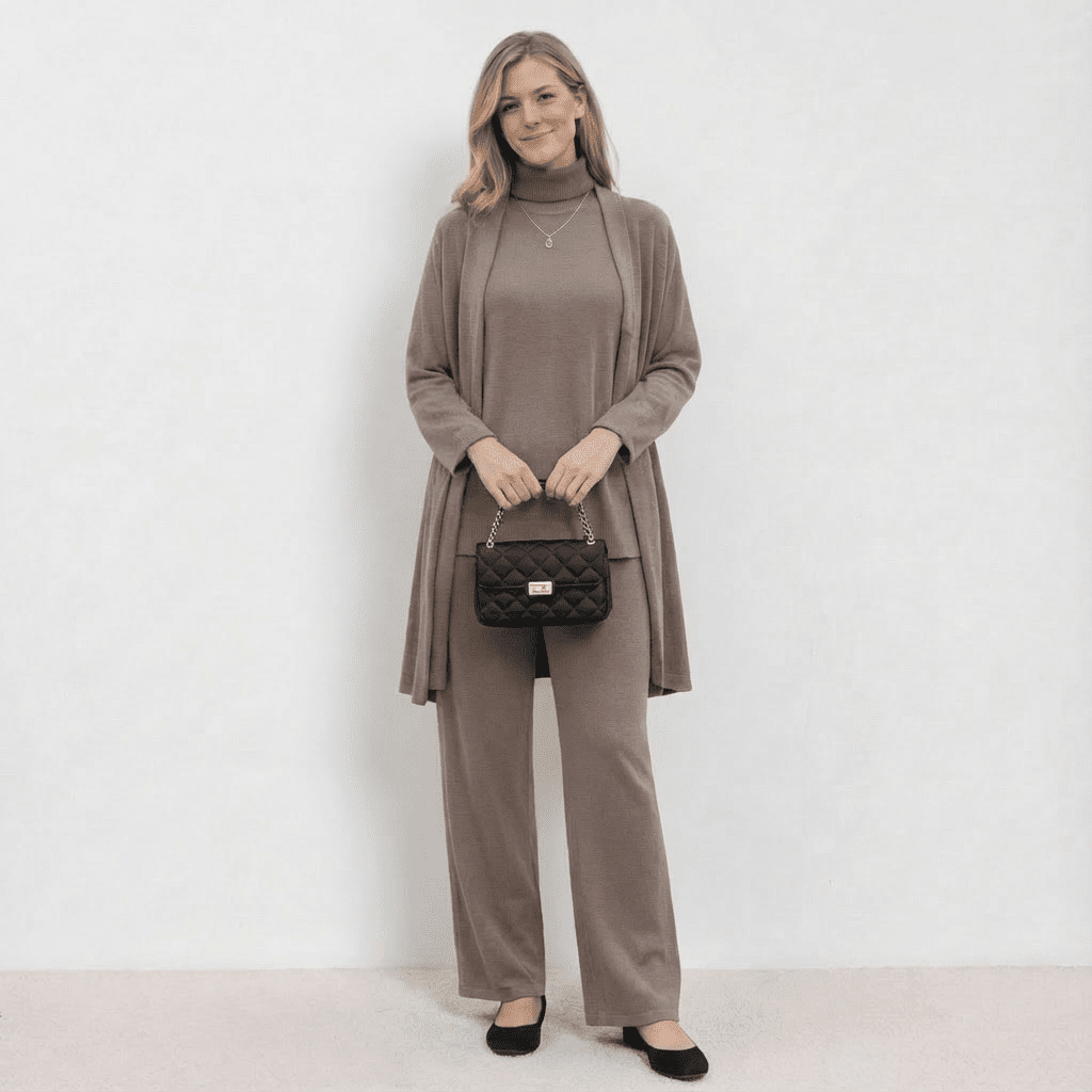 Conjunto Barbara de Cardigã, Blusa de Tricô e Calças | Conjunto Refinado de Tricô em Três Peças