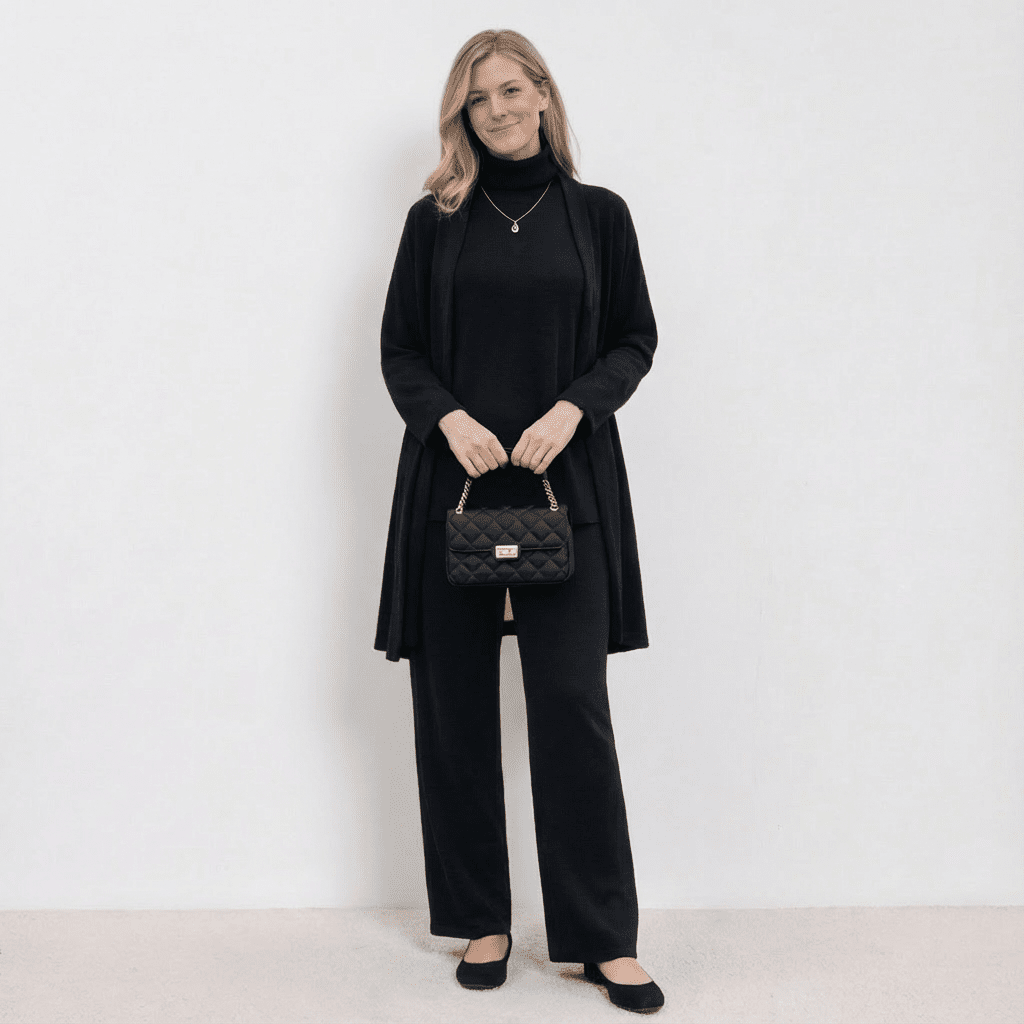 Conjunto Barbara de Cardigã, Blusa de Tricô e Calças | Conjunto Refinado de Tricô em Três Peças